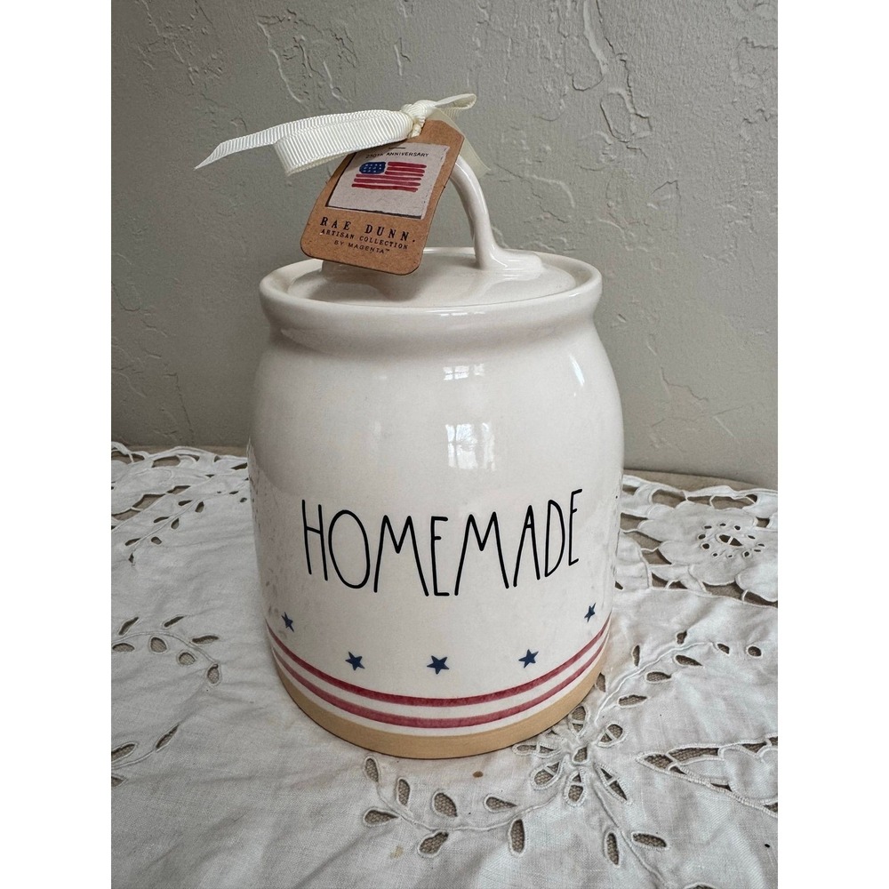 Rae Dunn HOMEMADE canister patriotic blue stars red stripe Americana